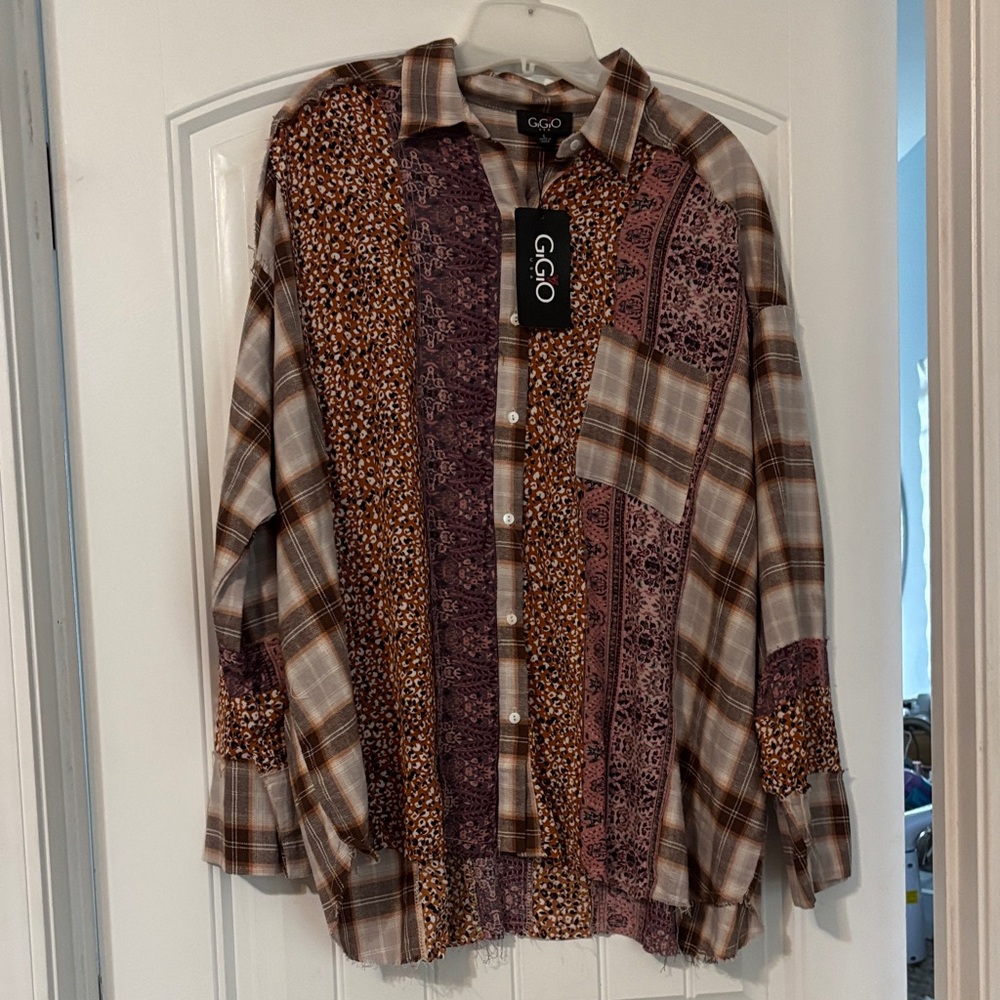 GGO Women's Multicolor Patchwork Button Down Shirt